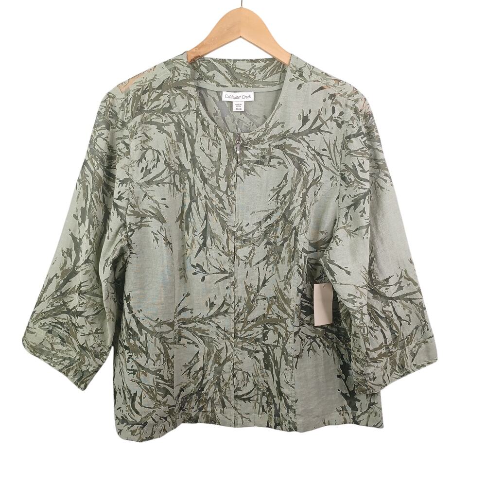Coldwater Creek Womens Vine Burnout Jacket XL Size 18 Sage Green Zip 3/4 Sleeve